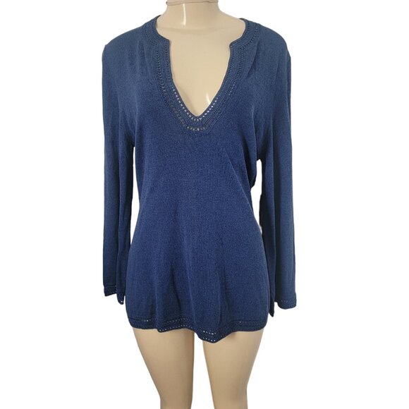 Trina Turk Sweaters - Trina Turk Women's Crochet Trim V Neck Sweater Blue Cotton